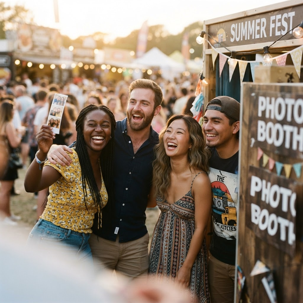 Vier lachende Personen an einem gebrandeten Flash-U Fotoautomaten auf einem Festival